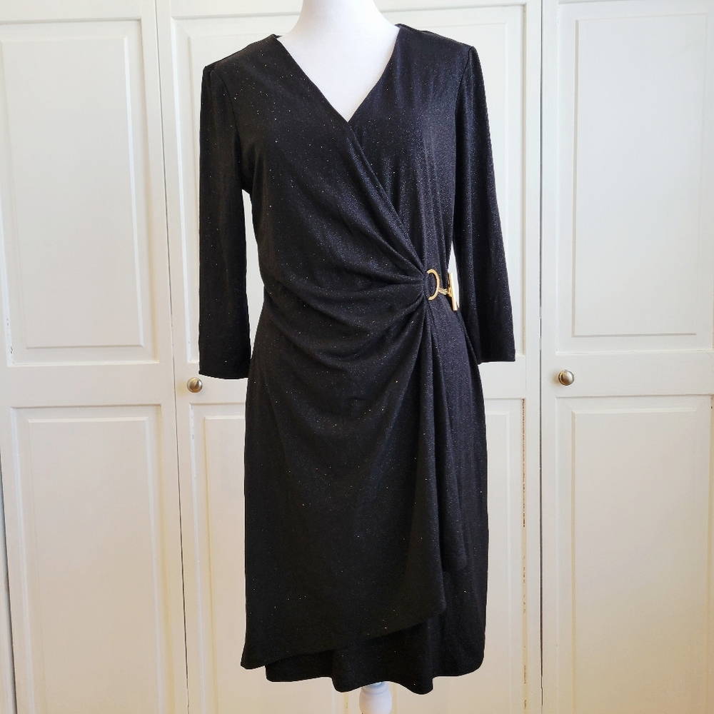 Calvin Klein Black Long-Sleeve Wrap Dress with Side Ring